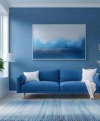 Blue sofa and armchair against blue wall in modern living room interior with white carpet, window and painting on the wall