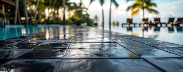 Close up of black stone floor edge near luxury outdoor swimming pool with palm trees and chairs on background