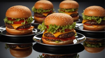 Reflective Burger: A burger set on a reflective black surface, with its glossy ingredients mirrored...