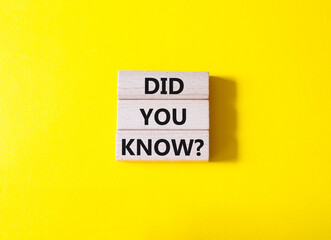 Did you know symbol. Wooden blocks with words Did you know. Beautiful yellow background. Business...