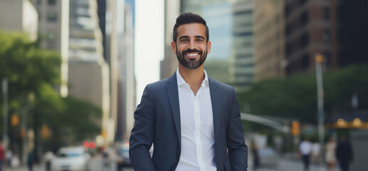 Fototapeta premium Confident happy smiling mature Hispanic businessman standing in the city and looking at camera