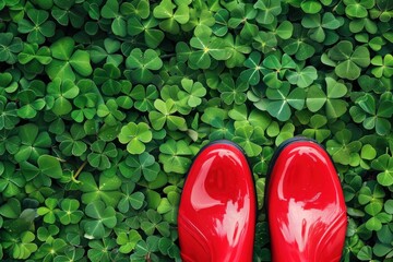 Top view of shiny red rain boots on a lush green clover field, signifying readiness for wet weather.
