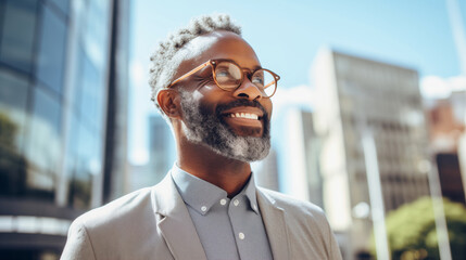 Portrait of confident happy smiling mature black businessman standing in the city, looking away