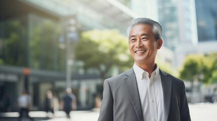 Confident happy smiling mature Asian businessman standing in the city, wearing gray business suit