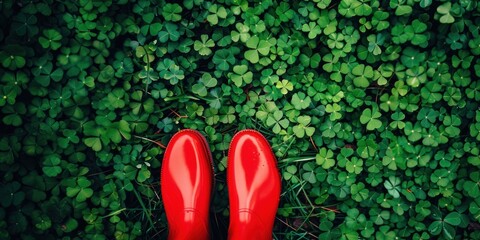 Top view of shiny red rain boots on a lush green clover field, signifying readiness for wet weather.