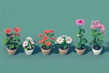 A fantastic isometric set of flowers, blooming vibrantly in a model isolated on a solid color background