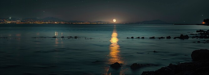 Full moon over the sea, a vast dark sky above the calm water surface with reflection of light
