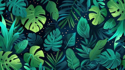 green jungle pattern with teal leaves and dots on a dark blue background, seamless wallpaper simple shapes