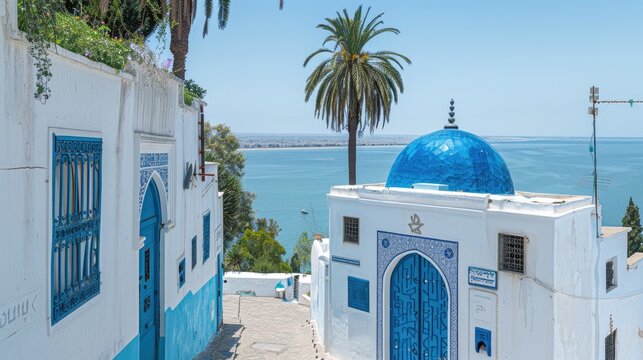 The town of Sidi Bou Said above the gulf of Tunis 