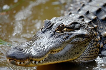 Large Alligator head. Tropical reptile wild. Generate Ai