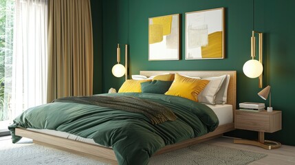 modern bed room decor with bed, dark green comforter and yellow pillows, hanging wall art, table lamp on emerald green wall background