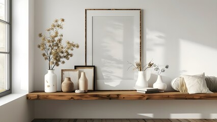 Contemporary living room with wood shelf frames vases white wall decor. Concept Living Room Decor, Wood Shelving, Vases, White Wall Decor, Contemporary Style