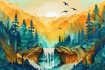 multi layered paper cut art of forest and mountains with waterfall, trees and birds
