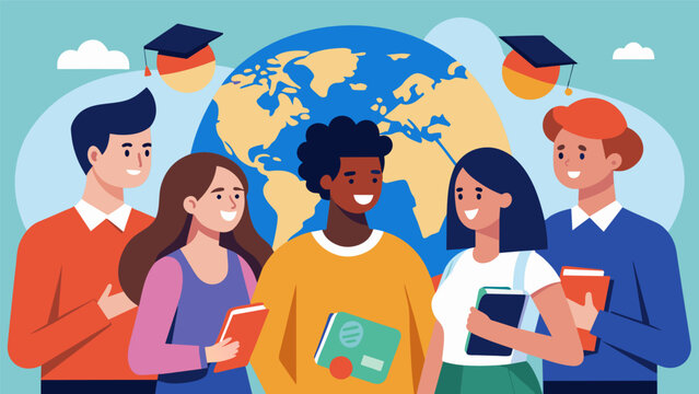 A group of international students exchanging tips on navigating the unfamiliar US financial system.. Vector illustration