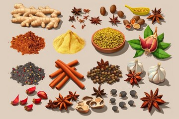 A small isometric collection of spices, rich in aroma, presented as a model isolated on a solid color background