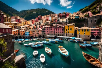 A wide-angle photograph of Vernazza village's harbor, showcasing the vibrant boats, colorful houses, and the crystal-clear waters of the Ligurian Sea
