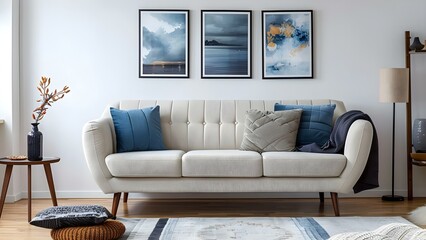 Modern midcentury living room with elegant sofa framed art and accessories. Concept Living room decor, Midcentury modern, Elegant sofa, Framed art, Home accessories