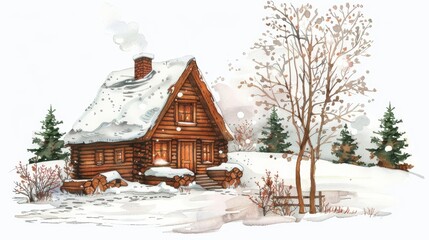 A tiny clipart of a cozy winter cabin in the snow, retro styles detail clipart isolated white background