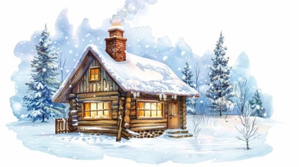 A tiny clipart of a cozy winter cabin in the snow, retro styles detail clipart isolated white background