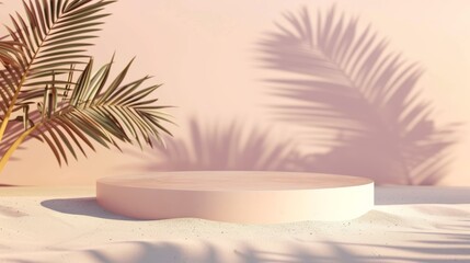Minimalist product display podium with tropical palm shadows on a sandy beach during sunset.