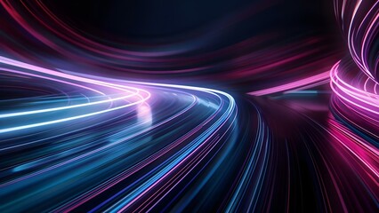 Futuristic neon light trails on a virtual reality background with motion blur. Concept Virtual Reality, Neon Lights, Motion Blur, Futuristic Theme