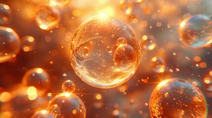   A sun shines behind a sky filled with numerous floating bubbles