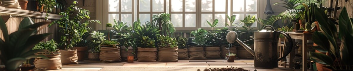 Indoor garden with variety of potted plants and watering cans on wooden floor. Realistic 3D rendering