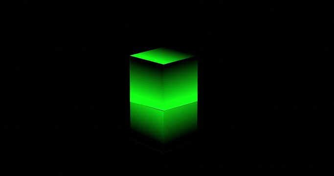 Bright glowing neon green color glowing cube moving from left to right with light reflection over dark color background. Abstract seamless looped motion graphics background.
