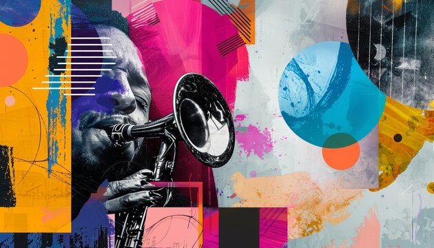 Abstract modern art collage portrait of an international jazz festival, capturing the soulful essence of music in minimal styles, synth wave