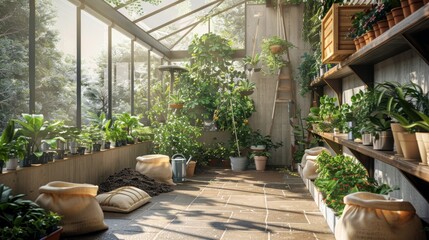Sun-drenched greenhouse with diverse potted plants and sacks of soil. Realistic 3D rendering.