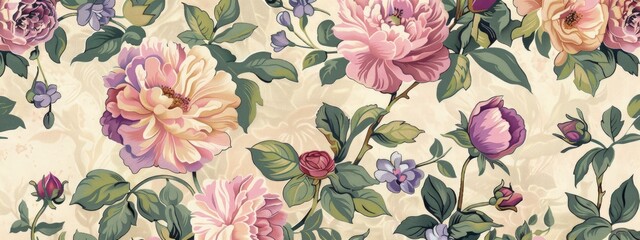vintage floral tapestry pattern, beige background with pink and purple flowers, green leaves, blue accents, large peonies and roses