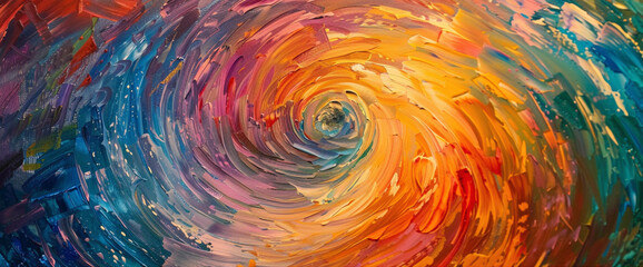 A swirling vortex of vibrant colors spins and twists, creating a mesmerizing whirlwind of energy that seems to defy gravity and logic, drawing the viewer into its dynamic embrace.
