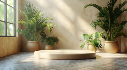 Fototapeta premium Marble-style podium set in a minimalist room, complemented by a tree pot for decoration
