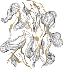 Hand drawn abstract illustration with wavy lines and curves. Isolated smoke on white background.