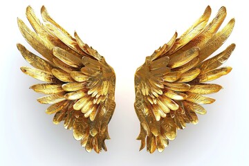 3d rendering of golden wings on white background, Ai Generated