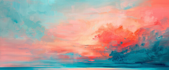 A symphony of coral pink and ocean blue blending softly, like a tranquil sunset painting the sky with gentle hues.