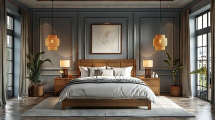   Neatly made bed in a cozy bedroom with lamps on either side and a painting on the wall, creating a warm and inviting atmosphere