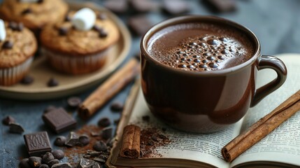   A steaming cup of hot cocoa sits beside an open book and a plate filled with cookies and chocolate chips - Powered by Adobe