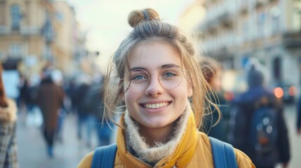 Portrait of confident woman with people crows on background