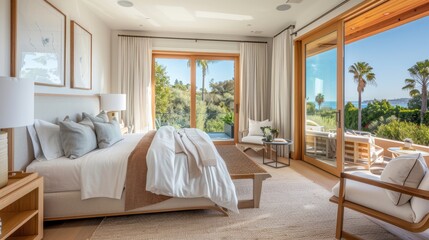 Modern bedroom with expansive ocean views and seamless indoor-outdoor integration, perfect for luxury real estate listings.