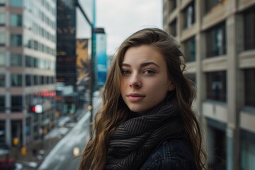 Portrait of a young Caucasian woman with long hair, wearing a scarf, against a city backdrop.
