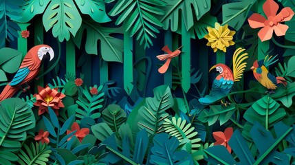 Creative and colourful paper art of the Amazon rainforest, highlighting diverse wildlife and lush greenery, crafted in solid color, illustration template