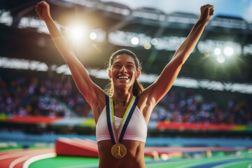 Young Latin woman, professional athlete, with a white top and a gold medal with the number 1 around her neck, raising her hands happily in a sign of triumph, on a blurred background of athletics track