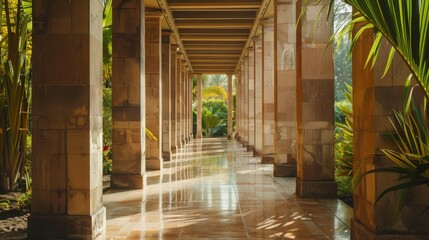 Sunlit hallway with tropical plants and golden hues, suitable for architectural design and wellness retreat publications.