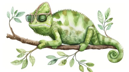 A green chameleon sits on a branch with sunglasses on its head. The animal is isolated and drawn in watercolor drawing style. Illustration for cover, postcard, interior design, banner, brochure, etc.