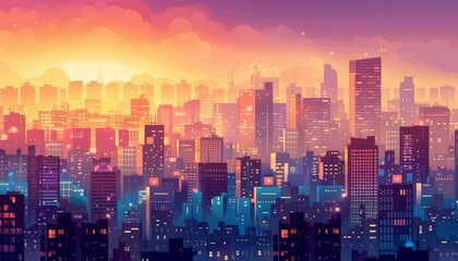 Creative colorful landscape of a bustling cityscape at twilight, rendered in retro color to enhance its nostalgic charm