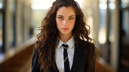 Fototapeta premium Portrait of a young beautiful woman with long wavy hair in suit. Business lady. Confident female entrepreneur. Close-up of the face against the backdrop of the office. Illustration for cover, ad, etc.
