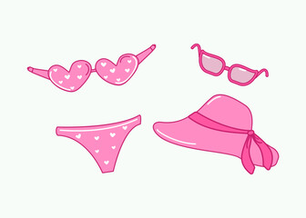 Set of pink beach accessories. Sunglasses, swimsuit, hat. Drawn icons, doodle. Summer holiday at sea, vacation. Vector illustration on isolated background.
