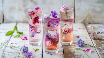 Photo of effervescent pink cocktails adorned with vibrant edible flowers in tall glasses, set on a rustic wooden backdrop.