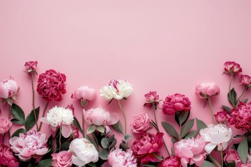 Top-down view of peonies and roses on a pink background, forming a dense floral pattern.